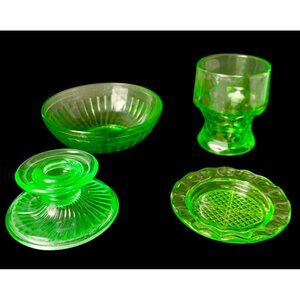 4 Pieces Uranium Green Depression Glass Candle Holder Tumbler Bowl Coaster Glows